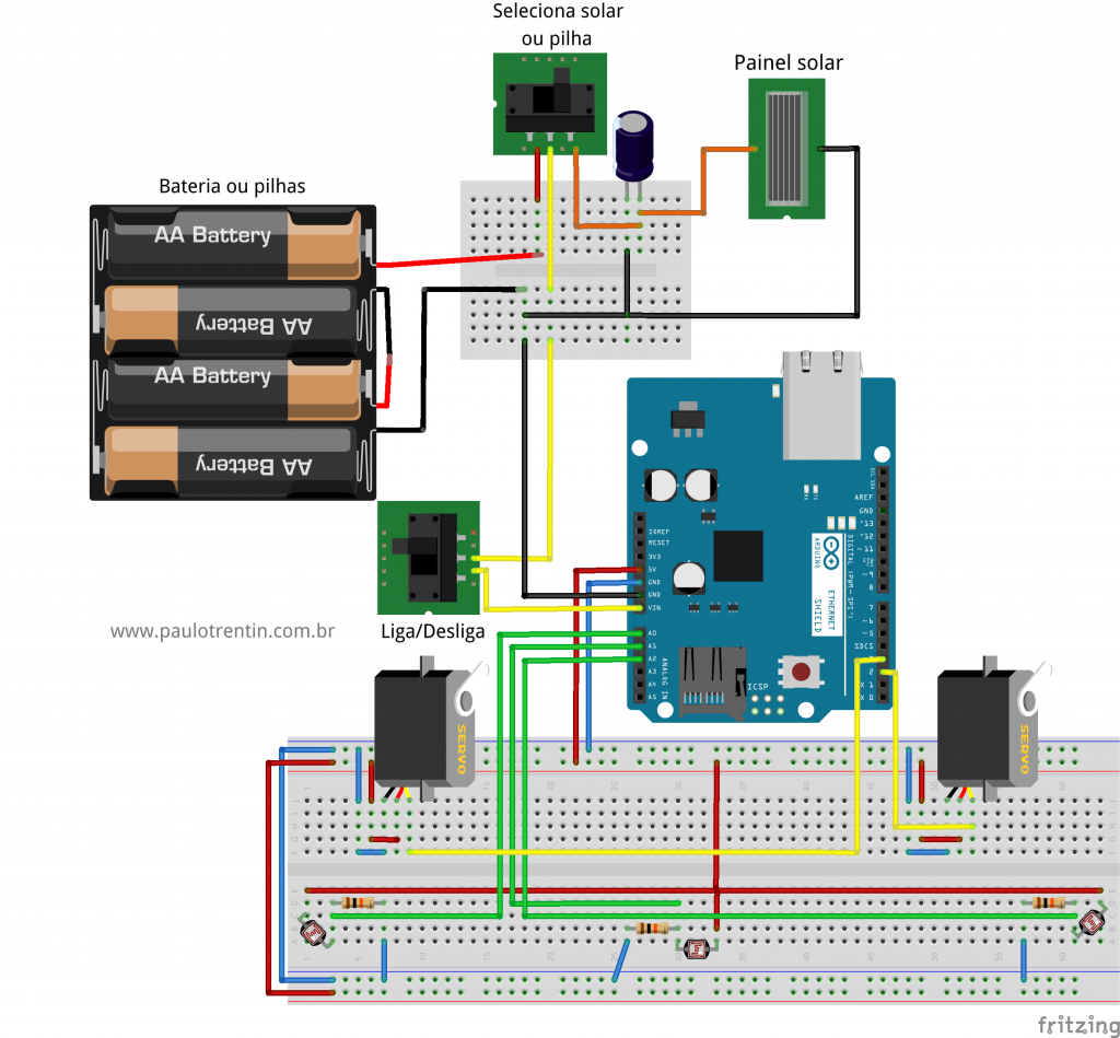 Esquema completo do robô seguidor de luz com painel solar e chave seletora